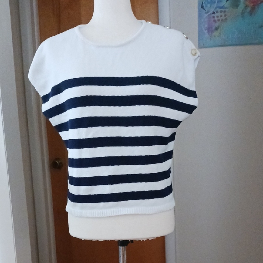 Brit.ny Short Sleeve Sweater Round Neck Cotton Knit Striped Navy Blue White M
